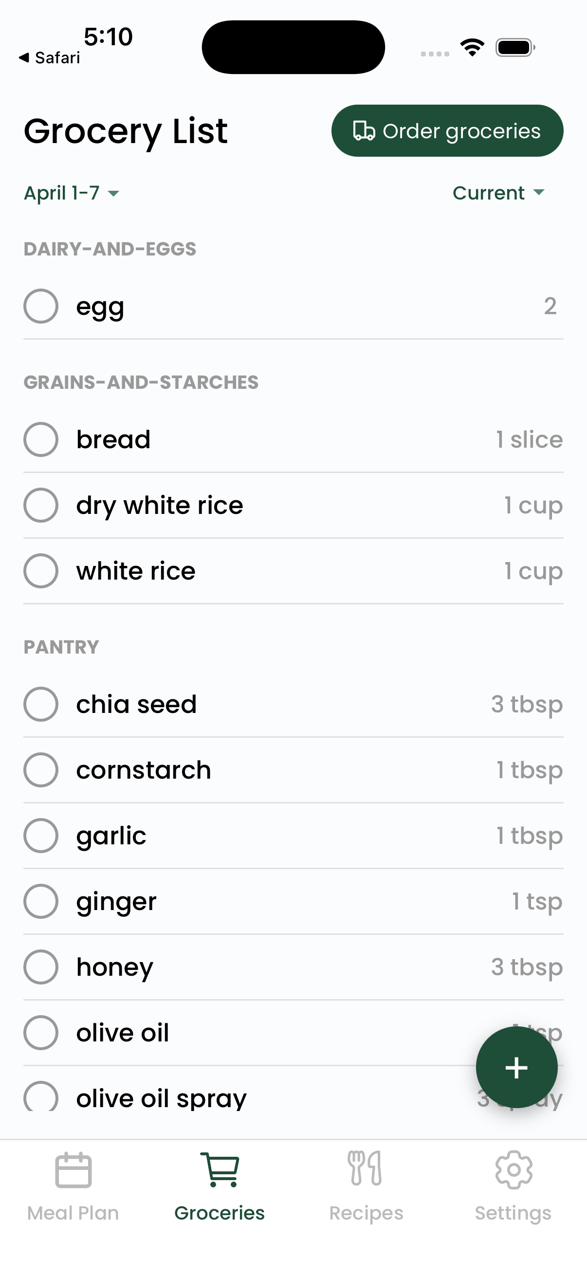 Grocery list view